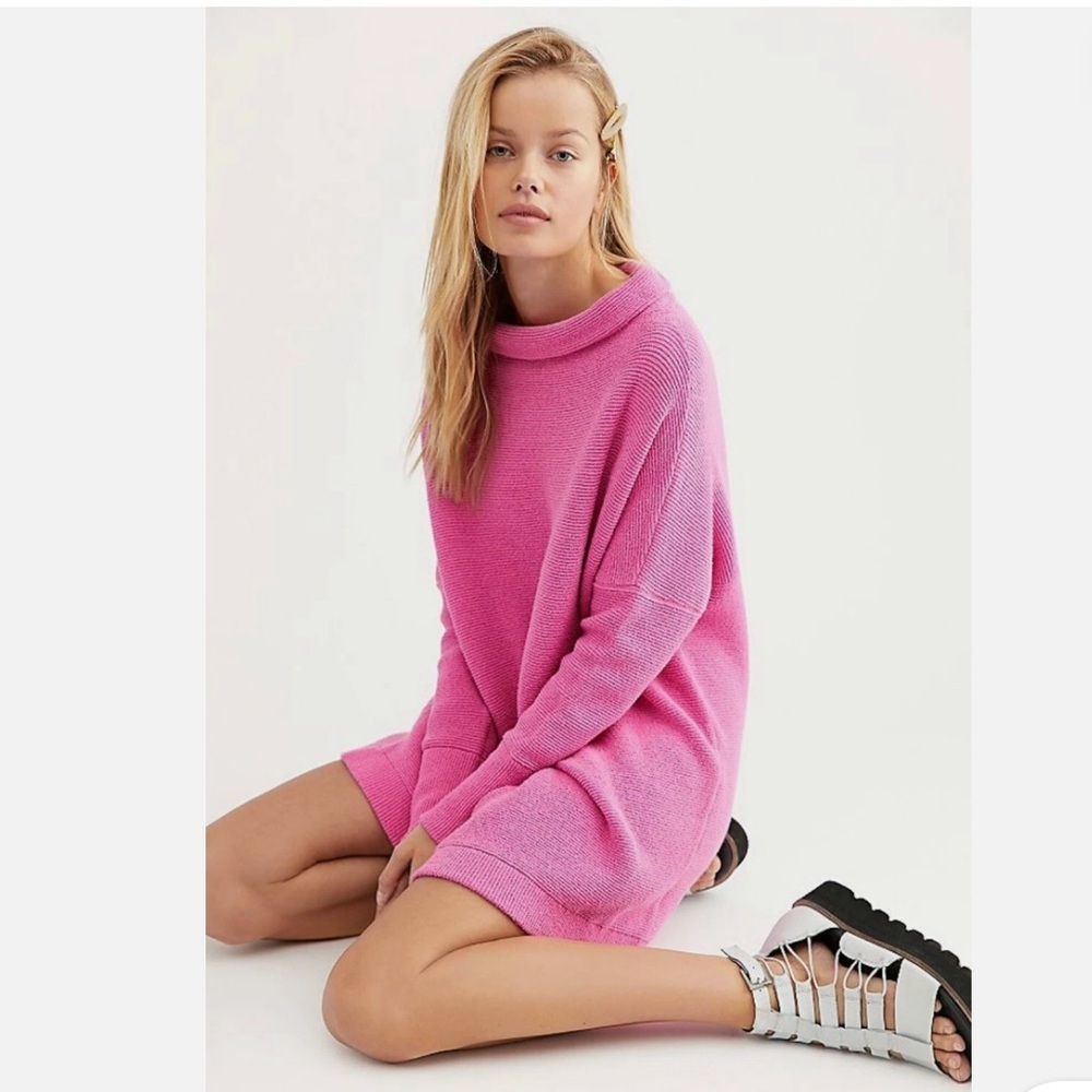 Free People Ottoman slouchy tunic ribbed Vibrant Pink Cowl Neck Sweater